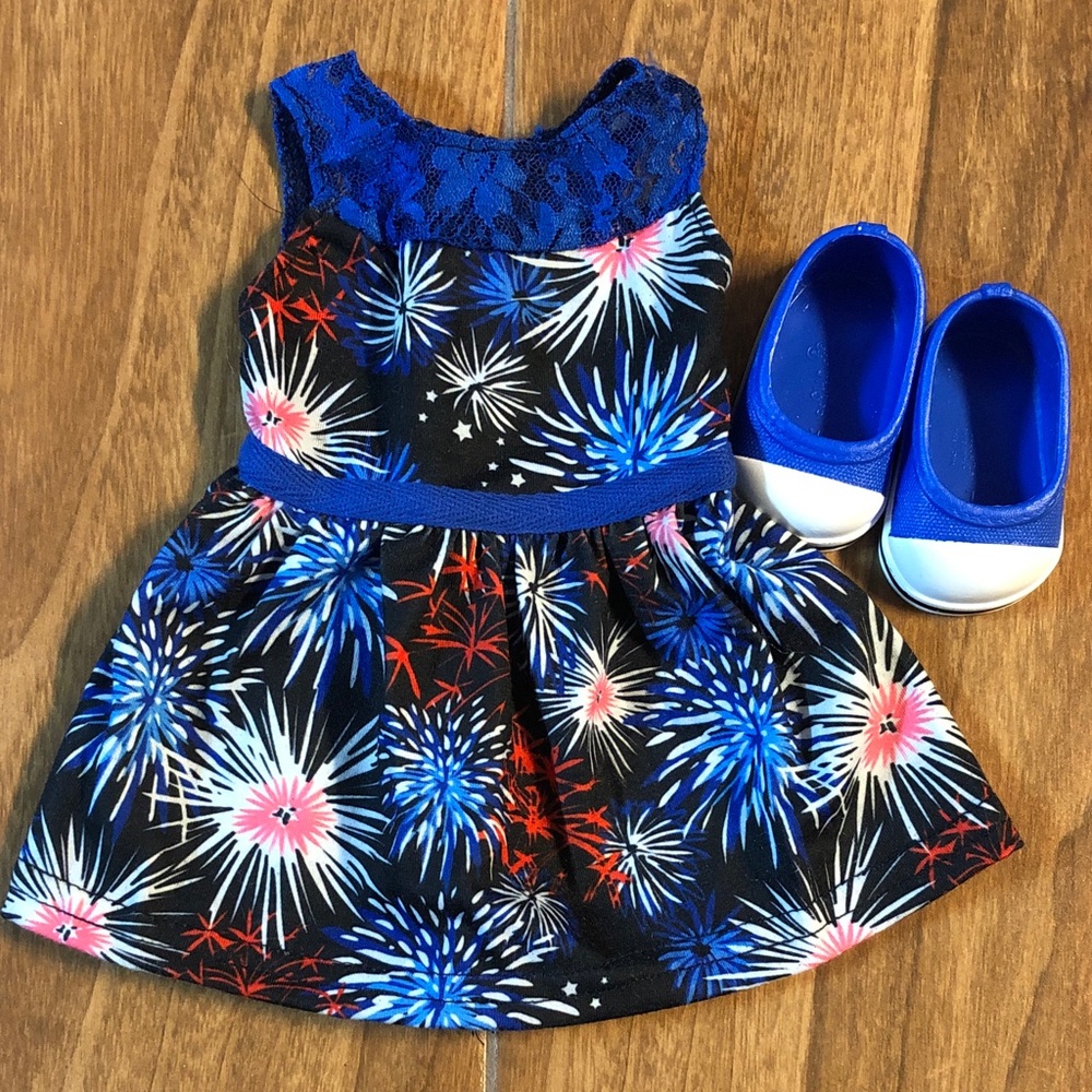 Firework Print 18” Doll Dress with Blue Lace Yoke and matching shoes